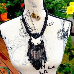 Vintage black bead & abalone necklace with matching earrings